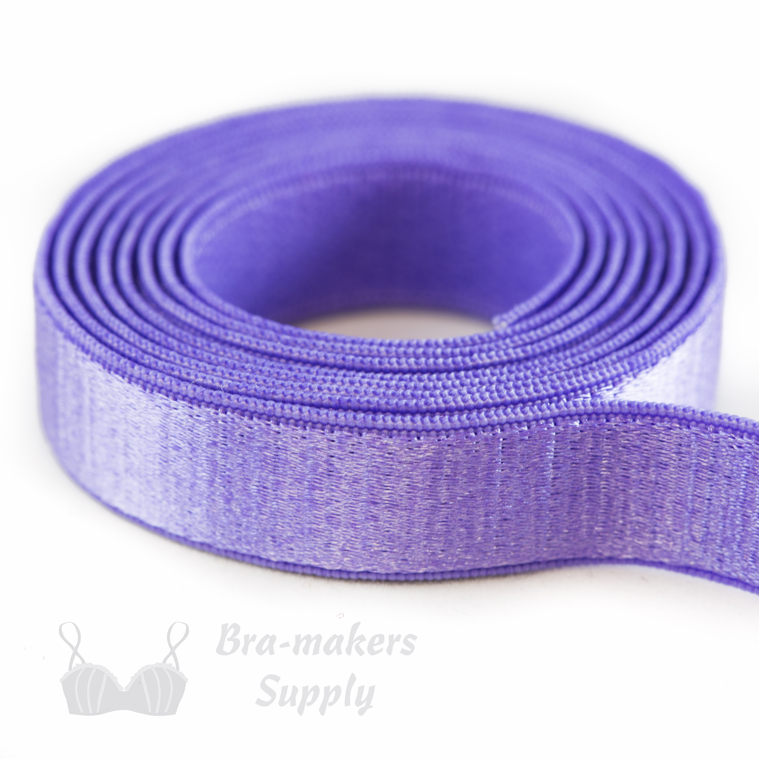 half inch 12mm Strap Elastic lilac ES-4 or half inch 12mm Satin Strap Elastic dahlia purple Pantone 17-3834 from Bra-makers Supply 1 metre roll shown