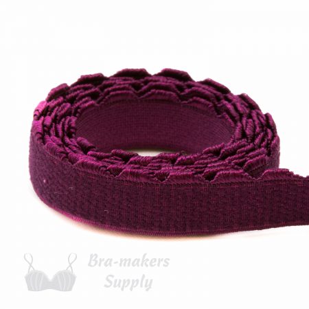 three eighths inch 9 mm firm bra band elastic EB-372 black cherry or three eighths inch 9 mm plush back elastic rhododendron Pantone 19-2024 from Bra-Makers Supply 1 metre roll shown