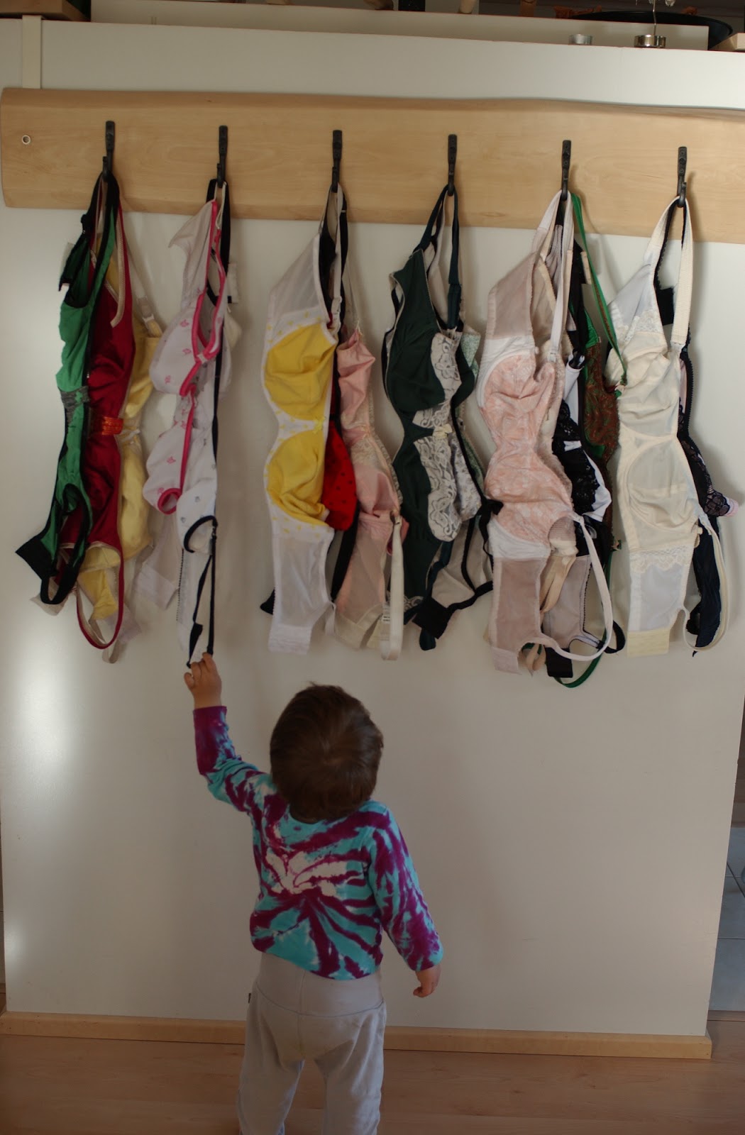 Promoting your Breasts to a New Job Amber's wall of nursing bras with her child