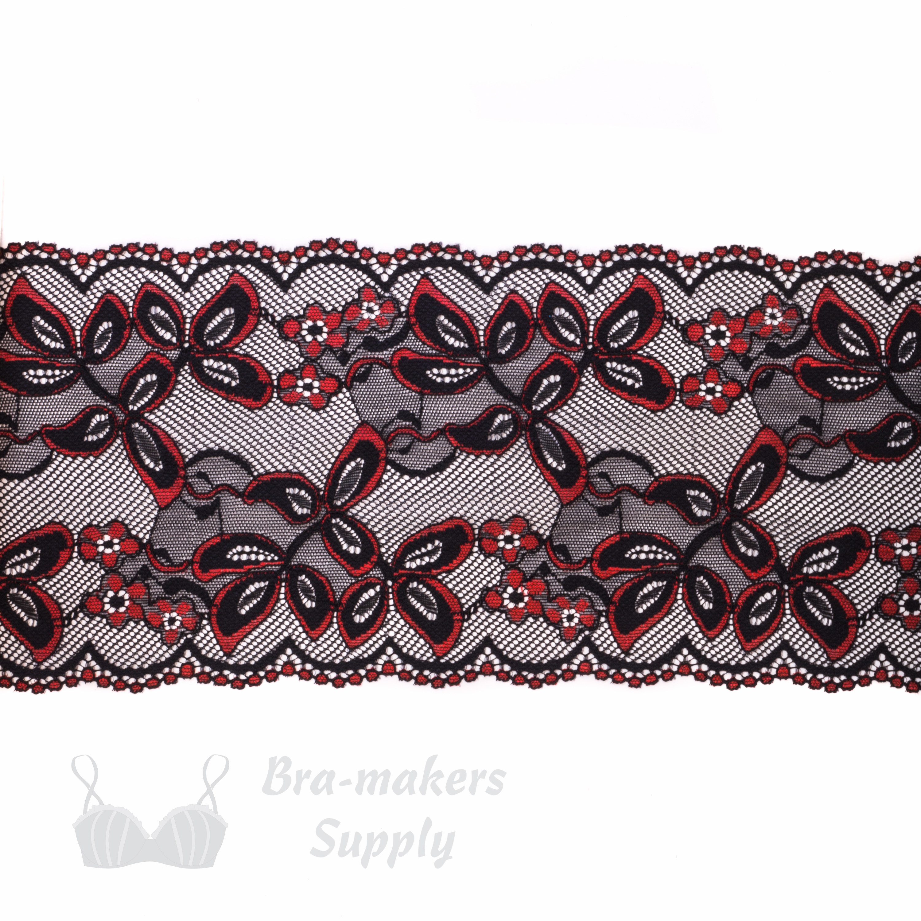 Five Inch Warm Red Black Floral Stretch Lace - Bra-Makers Supply