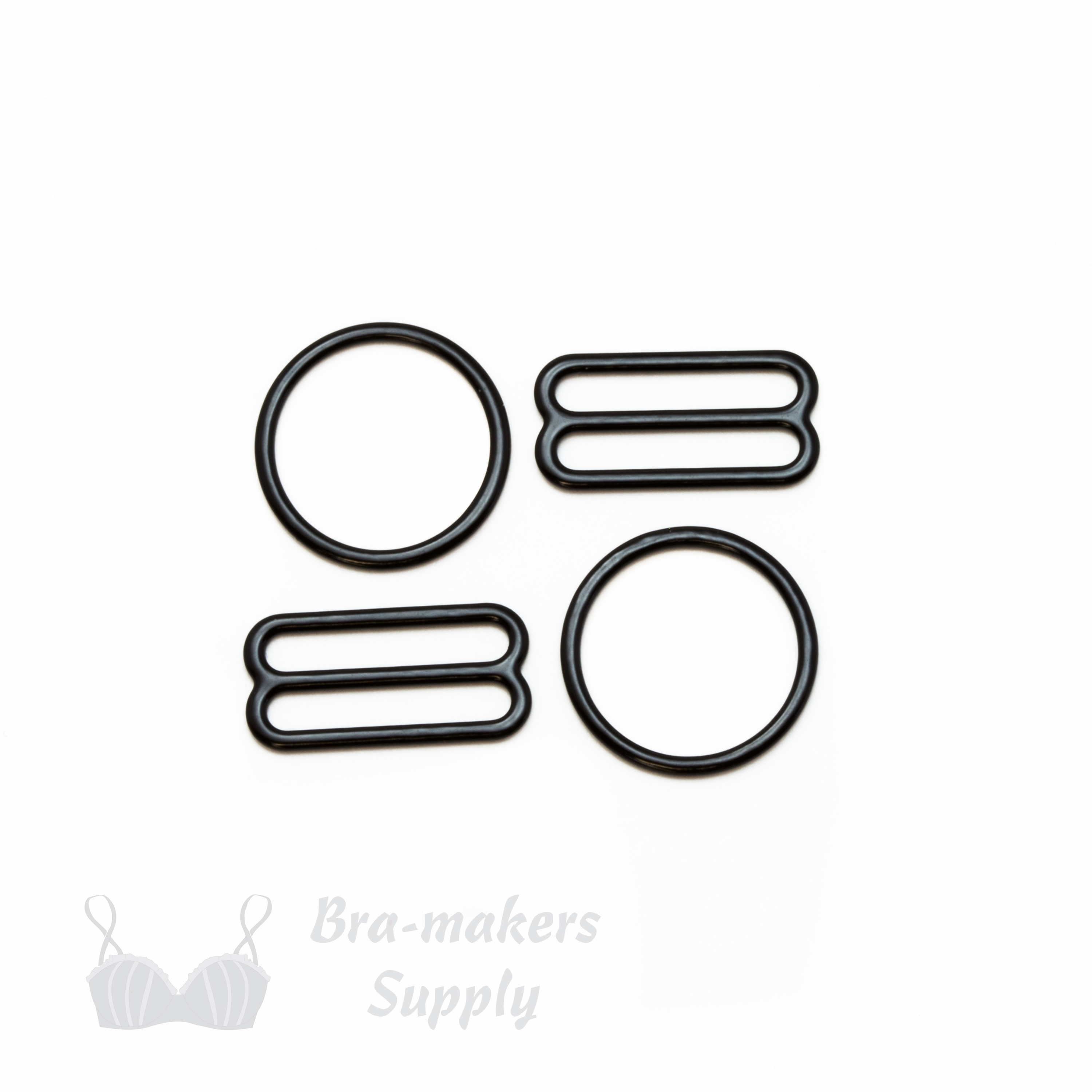 three quarters inch 19mm RM-6 black nylon coated metal rings sliders or anthracite Pantone 19-4007 from Bra-Makers Supply 2 sliders 2 rings shown