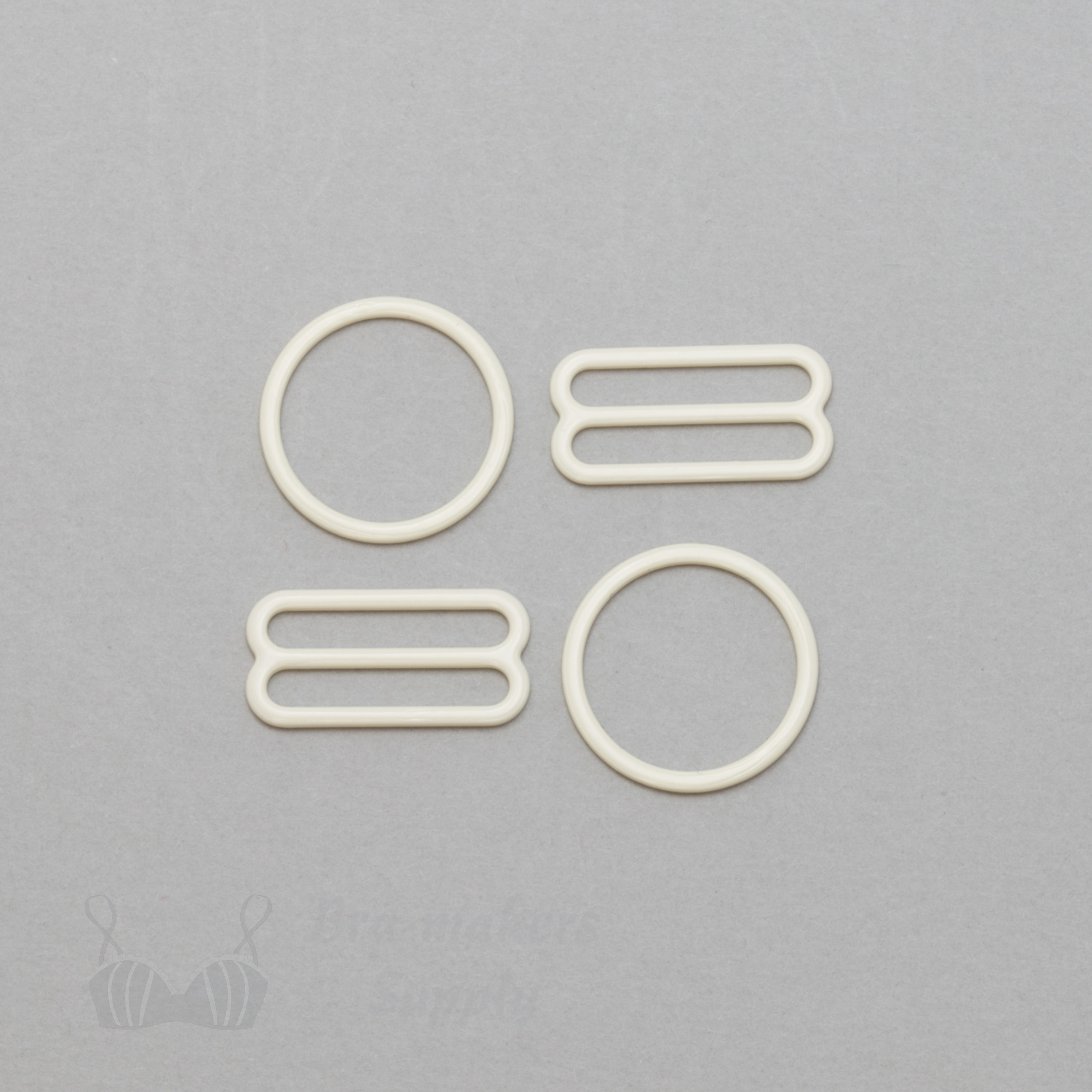 three quarters inch 19mm RM-6 ivory nylon coated metal rings sliders or winter white Pantone 11-0507 from Bra-Makers Supply 2 sliders 2 rings shown