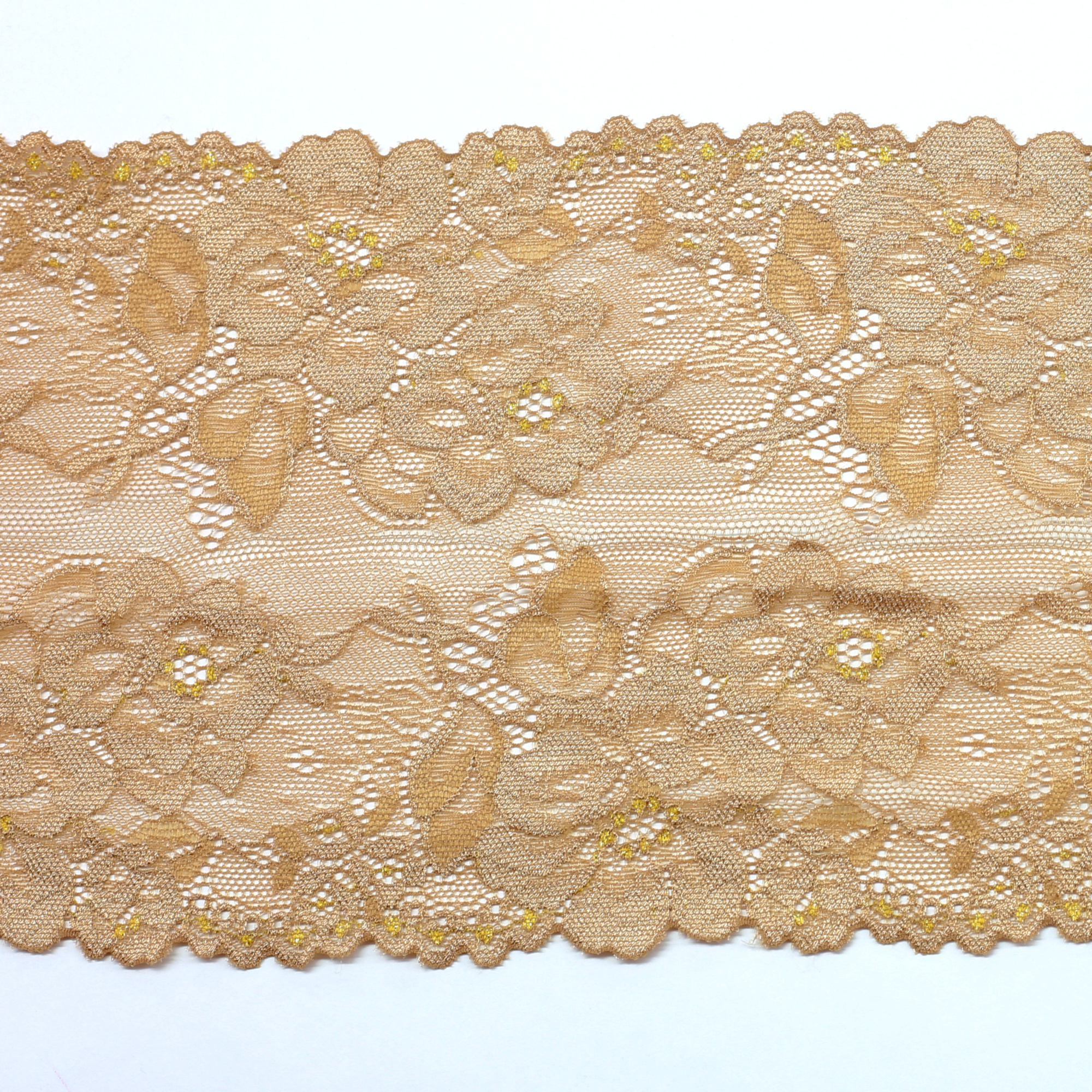 6 1/4 Wide Lace Band Gold Geo Stretch Lace, Galloon Double Edge Lace Band,  Gold Cross-dyed With Mocha 